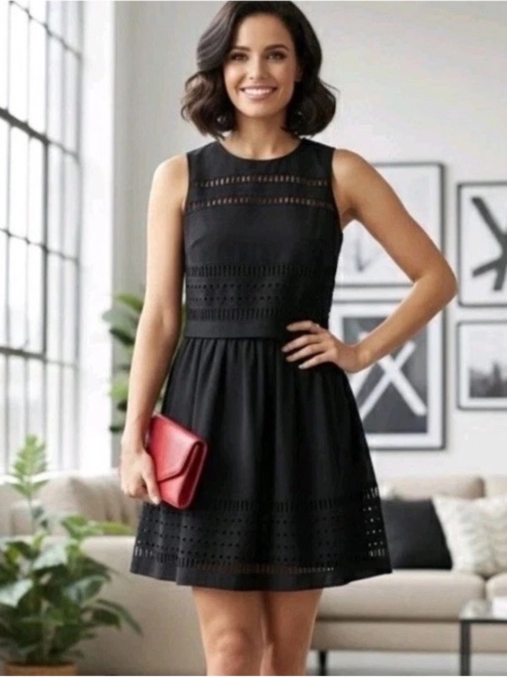 REISS 1971 Double Laser Cut Lucia Dress Women’s 12 Black Cocktail Wedding Party.